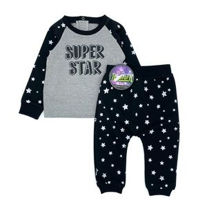 NWT Kapital K Boys Star Print Long Sleeve Tee & Jogger Set in Black / Gray 18M